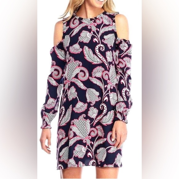 CROWN & IVY Ruffle Neck Cold Shoulder Dress Navy Blue Pink White Floral Paisley - Picture 1 of 13